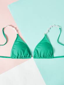 Ribbed Knit Triangle Bikini Top - Green - View 4