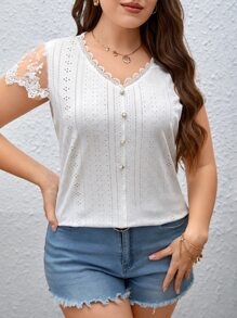 SHEIN Clasi Áo thun Plus size Nút phía trước Tương phản ren Tương phản Mesh Thêu Tranh thêu màu trơn Giải trí - trắng - Xem 5