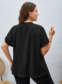 Firerie Plus Notched Neckline Batwing Sleeve Blouse - Black - View 2
