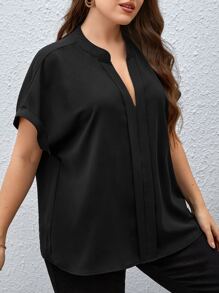 Firerie Plus Notched Neckline Batwing Sleeve Blouse - Black - View 4