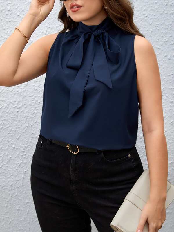 SHEIN Unity Plus Solid Tie Neck Sleeveless Blouse