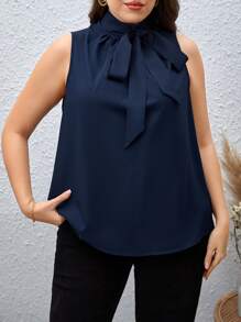 SHEIN Unity Plus Solid Tie Neck Sleeveless Blouse - Navy Blue - View 4
