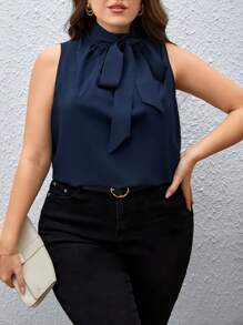 SHEIN Unity Plus Solid Tie Neck Sleeveless Blouse - Navy Blue - View 5