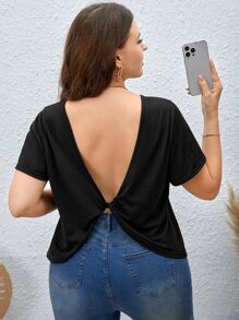 SHEIN Essnce Plus Twist Backless Scoop Neck Tee - Black - View 1