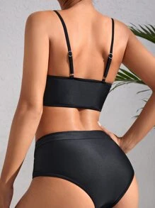 Contrast Fishnet High Waisted Summer Beach Bikini Set - Black - View 2