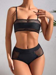 Contrast Fishnet High Waisted Summer Beach Bikini Set - Black - View 4