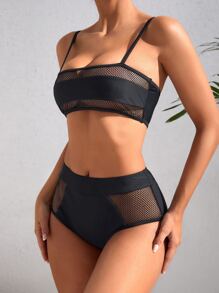 Contrast Fishnet High Waisted Summer Beach Bikini Set - Black - View 5