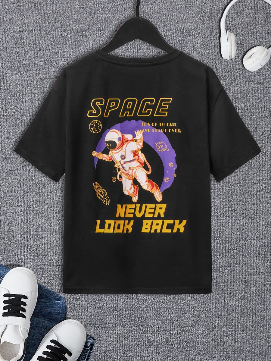SHEIN 男孩標語和宇航員印花落肩T恤