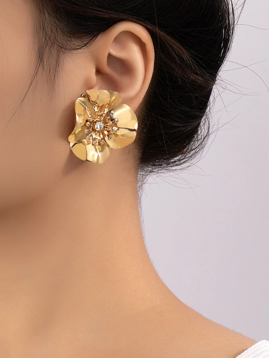 1 đôi Bông tai thiết kế hoa thời trang với chi tiết đính cườm cho phụ nữ đeo hàng ngày hoặc du lịch, phong cách nghỉ dưỡng - Vàng - Xem 1