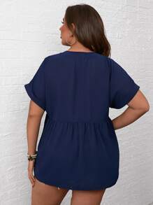 SHEIN LUNE 大碼缺口領蝙蝠袖襯衫 - 藏蓝色 - 查看 2