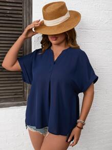 SHEIN LUNE 大碼缺口領蝙蝠袖襯衫 - 藏蓝色 - 查看 3