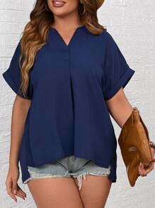 SHEIN LUNE 大碼缺口領蝙蝠袖襯衫 - 藏蓝色 - 查看 5