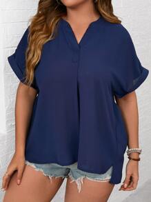 SHEIN LUNE 大碼缺口領蝙蝠袖襯衫 - 藏蓝色 - 查看 6