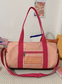 Colourblock Letter Print Duffel Bag - Pink - View 5