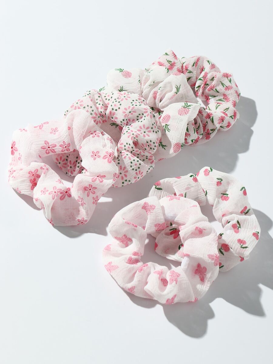 6pcs Women's Simple Stylish Pink Cherry Blossom, Strawberry, Butterfly Floral Hair Scrunchies, Suitable For Daily Wear In Spring And Summer ,Hair Ties Ponytail Head Accessories Elastic Band Beauty Home Hair Accessories Hair Rubber Bands - Pink - View 1