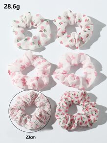 6pcs Women's Simple Stylish Pink Cherry Blossom, Strawberry, Butterfly Floral Hair Scrunchies, Suitable For Daily Wear In Spring And Summer ,Hair Ties Ponytail Head Accessories Elastic Band Beauty Home Hair Accessories Hair Rubber Bands - Pink - View 5