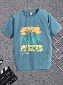 SHEIN Boys Coconut Tree & Letter Graphic Tee - Dusty Blue - View 1