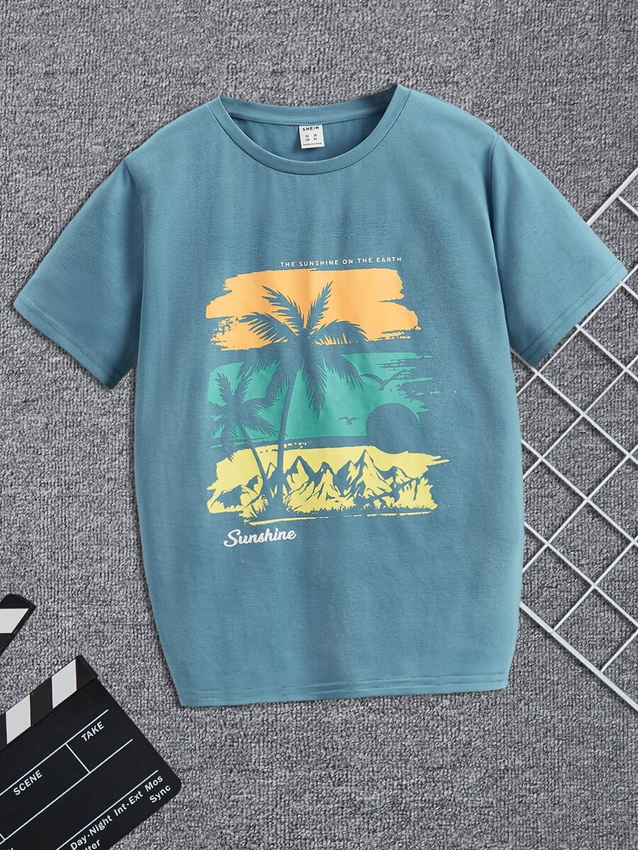 SHEIN Boys Coconut Tree & Letter Graphic Tee - Dusty Blue - View 1