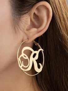 1pair Alphabet Decorated Earrings, Round Metal Simple Ear Hoops - Yellow Gold - View 1