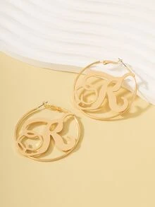 1pair Alphabet Decorated Earrings, Round Metal Simple Ear Hoops - Yellow Gold - View 2