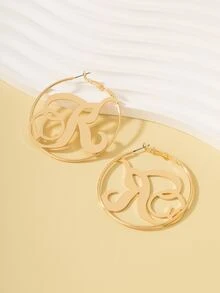 1pair Alphabet Decorated Earrings, Round Metal Simple Ear Hoops - Yellow Gold - View 3