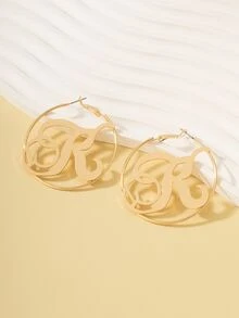 1pair Alphabet Decorated Earrings, Round Metal Simple Ear Hoops - Yellow Gold - View 4