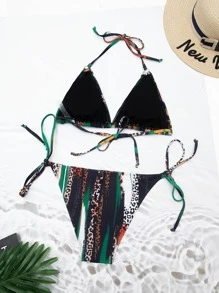 Swim SXY Swim Suits For Women Allover Print Halter Triangle Bikini Set With Beach Skirt,Summer Beach