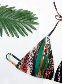 Swim SXY Swim Suits For Women Allover Print Halter Triangle Bikini Set With Beach Skirt,Summer Beach