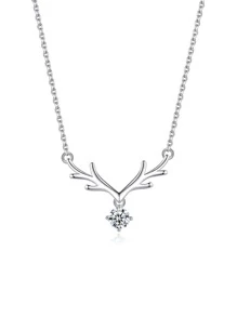 Cubic Zirconia & Antler Decor Silver Pendant Necklace - Silver - View 3
