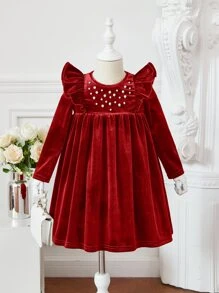 SHEIN Toddler Girls Pearls Beaded Ruffle Trim Velvet Dress - Burgundy - View 1