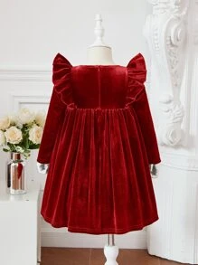 SHEIN Toddler Girls Pearls Beaded Ruffle Trim Velvet Dress - Burgundy - View 2
