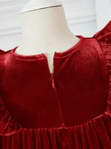 SHEIN Toddler Girls Pearls Beaded Ruffle Trim Velvet Dress - Burgundy - View 3