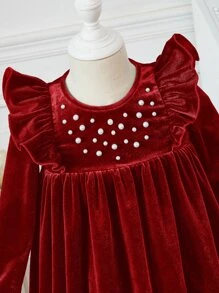 SHEIN Toddler Girls Pearls Beaded Ruffle Trim Velvet Dress - Burgundy - View 4