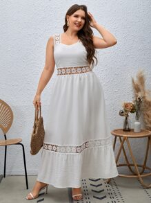 SHEIN VCAY Đầm Plus Size Tương phản ren Viên lá sen màu trơn Giải trí - trắng - Xem 3