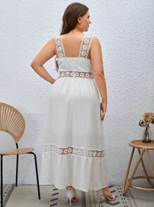 SHEIN VCAY Đầm Plus Size Tương phản ren Viên lá sen màu trơn Giải trí - trắng - Xem 2