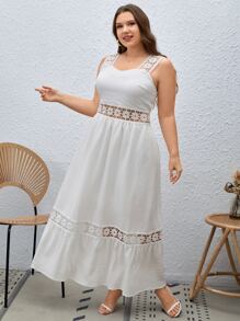 SHEIN VCAY Đầm Plus Size Tương phản ren Viên lá sen màu trơn Giải trí - trắng - Xem 4