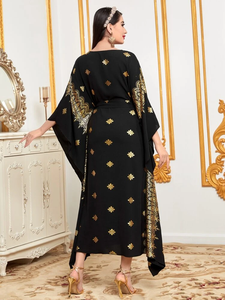 Gold Floral Print Batwing Sleeve Belted Kaftan, Modest