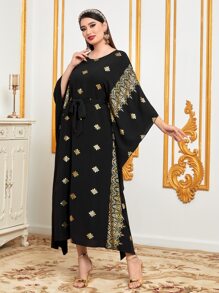 Al Najma 金色花卉印花蝙蝠袖束带长袍，端庄 - 黑色 - 查看 3