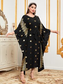 Al Najma 金色花卉印花蝙蝠袖束带长袍，端庄 - 黑色 - 查看 5