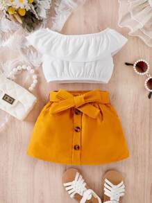 Bebé ribete con fruncido Top crop & con botón delantero Falda