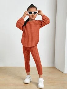 SHEIN Young Girl Rib-Knit Drop Shoulder Curved Hem Tee & Leggings - Rust Brown - View 6