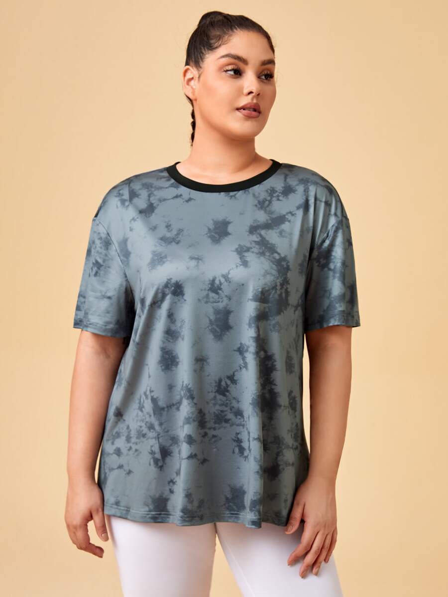 Plus Tie Dye Drop Shoulder Sports Tee - Dark Grey - View 1