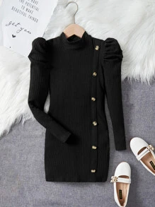 SHEIN Girls Mock Neck Puff Sleeve Button Front Dress - Black - View 1