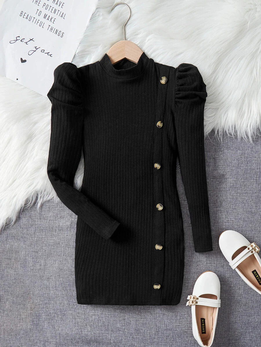 SHEIN Girls Mock Neck Puff Sleeve Button Front Dress - Black - View 1