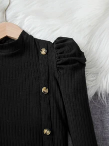 SHEIN Girls Mock Neck Puff Sleeve Button Front Dress - Black - View 3