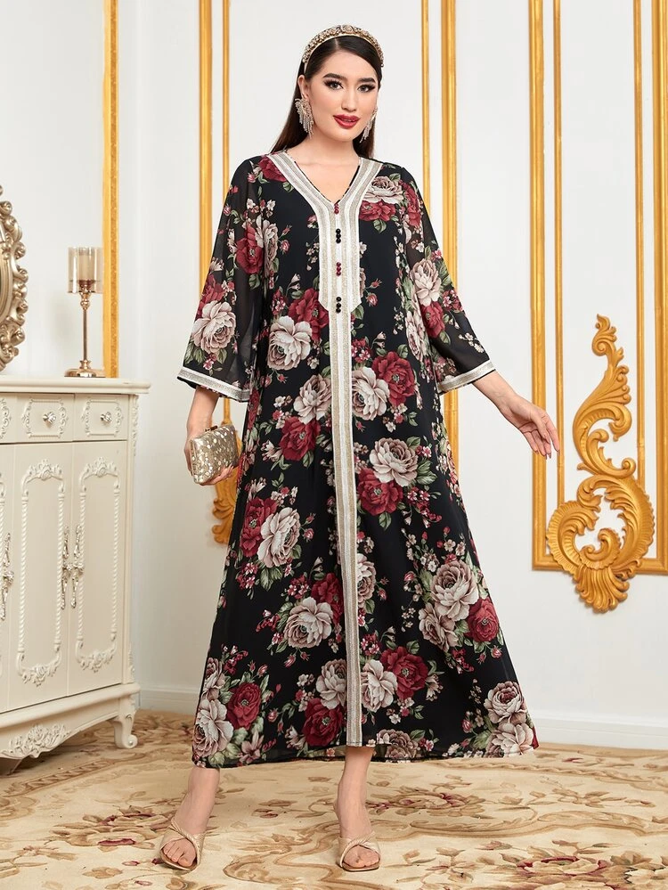 Floral Print Contrast Trimmed Tunic Dress