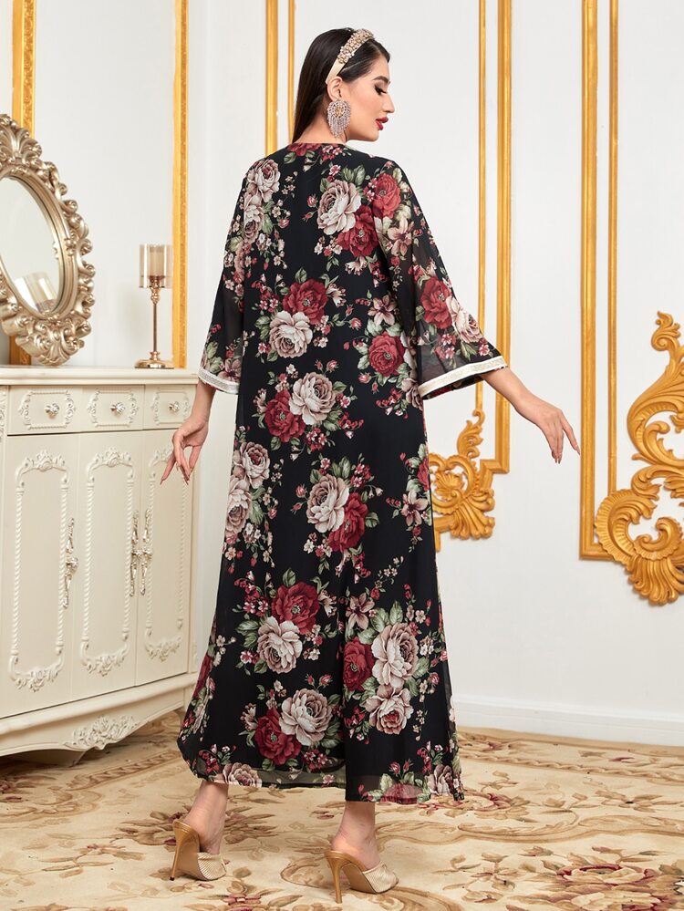 Floral Print Contrast Trimmed Tunic Dress