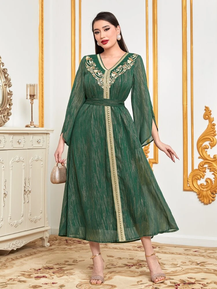 Gold Print Contrast Tape Trumpet Sleeve Dress