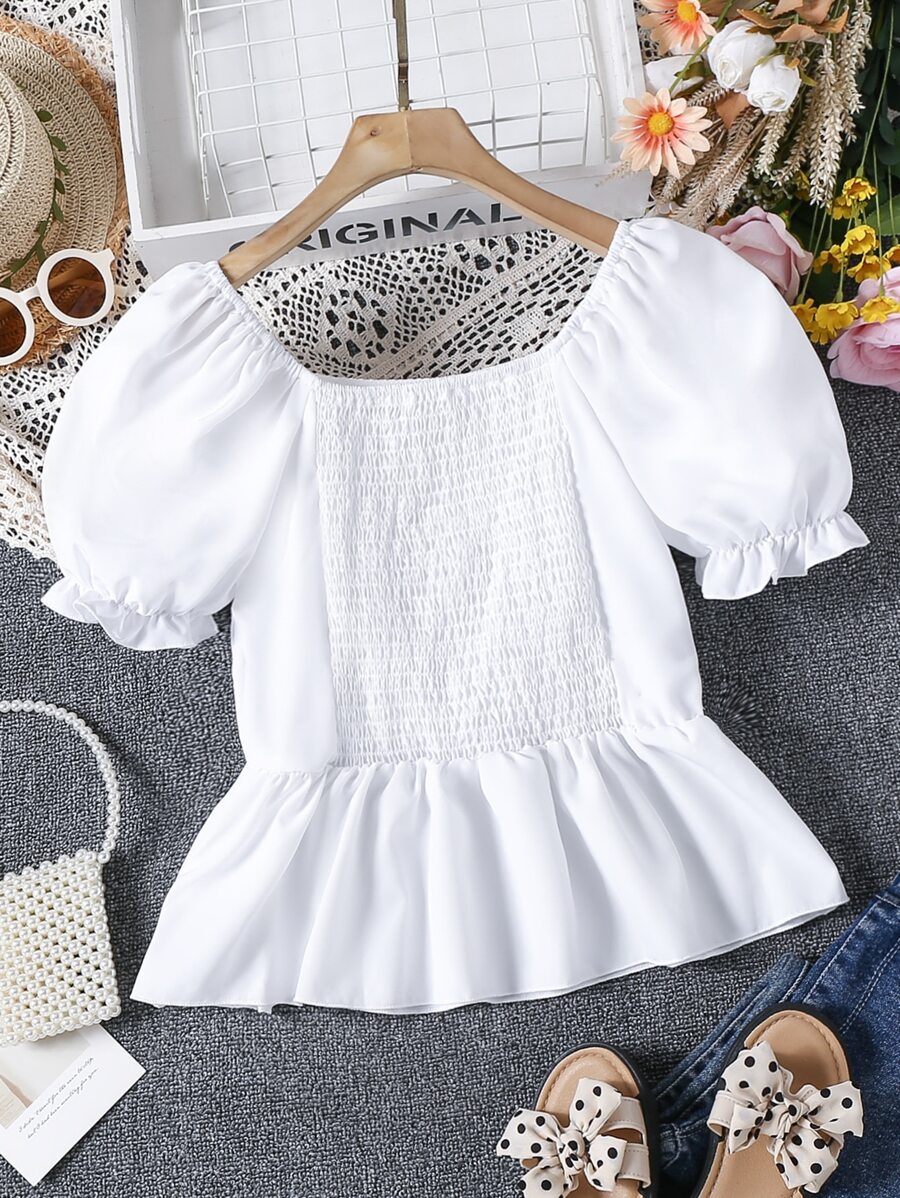 Girls Puff Sleeve Peplum Blouse - White - View 1