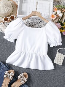 Girls Puff Sleeve Peplum Blouse - White - View 2